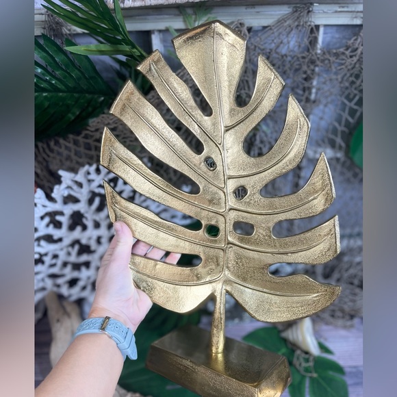 NEW LARGE Metal Brass Monstera Leaf Sculpture COASTAL NAUTICAL BEACH HOME DECOR - Picture 9 of 17